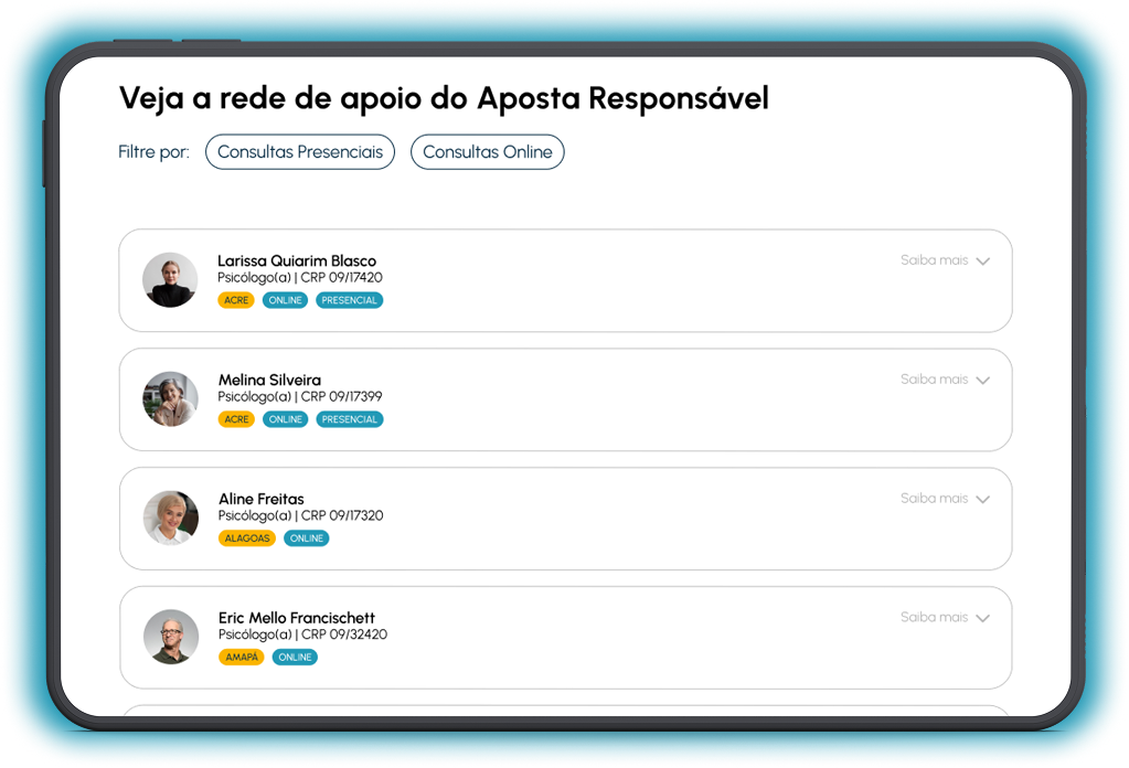 Rede de Apoio do Aposta Responsável — psicólogos especializados