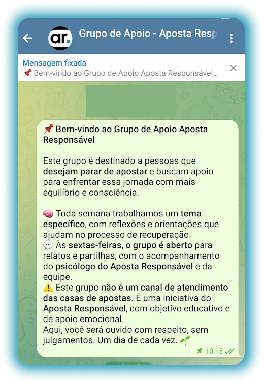 Grupo de apoio de jogo responsável no Telegram