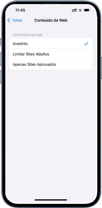 Tela com a opção “Limitar Sites Adultos”.